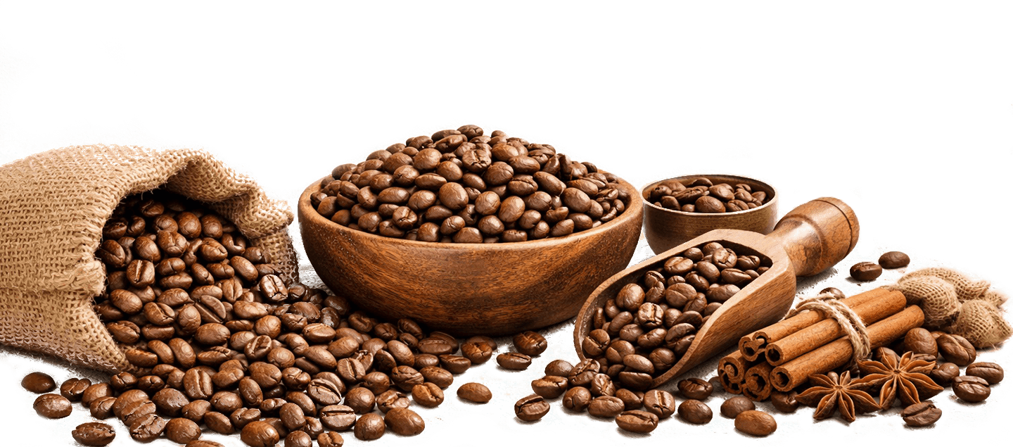 Granos de café, canela y especias